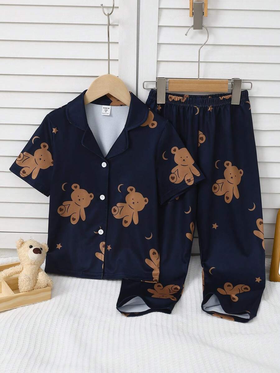 SHEIN Young Girl' 2pcs Set Apricot Casual & Comfy T-Shirt With Bear Print And Long Pants Home Outfit - Navy Blue - View 1