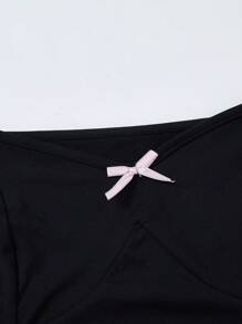 SHEIN 2pcs/Set Teen Girl's Casual Minimalist Puff Sleeve Crop Top And Mini Skirt Set - Black - View 7