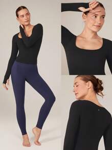 GLOWMODE FeatherFit™ Maglietta a maniche lunghe scollo tondo senza impatto con taschine estraibili, pratica per lo yoga e l'uso quotidiano