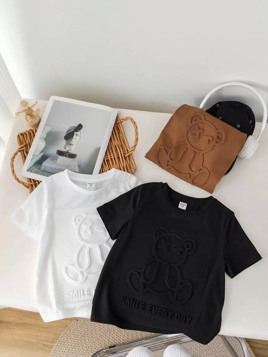 SHEIN Leap Crew Áo thun nam phong cách Hàn Quốc thường ngày, in hình gấu 3D dễ thương, ngộ nghĩnh, nhiều mẫu (3 kiểu, 1 áo mỗi kiểu), mùa hè. - Nhiều màu - Xem 1