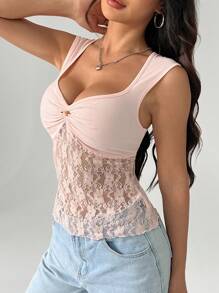 SHEIN Unity Pink Sexy Lace Patchwork Hollow Out Women Tank Top - Pink - View 6