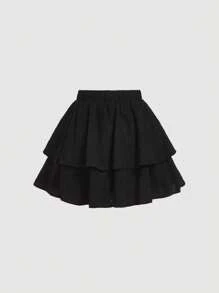 SHEIN MOD Chân váy hai lớp trơn màu, đơn giản & thời trang, phù hợp cho mùa hè - màu đen - Xem 2