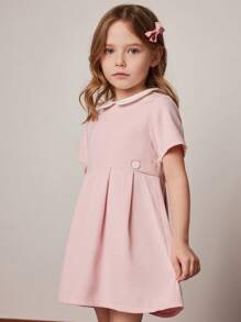 Blossori Young Girls' Pink Woven Decorative Button Collar Dress, Spring/Summer - Pink - View 2