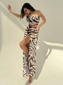 Aloruh Nuevo vestido largo con abertura alta, escote cruzado y semi transparente de estampado de leopardo para vacaciones en la playa, vestido de cobertura para bikinis y trajes de baño de vacaciones en la playa