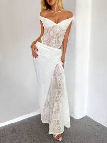 Aloruh Body elegante y sexy con hombros descubiertos y espalda descubierta con encaje, atuendo para conciertos, vacaciones y primavera para mujer - Blanco - Ver 6