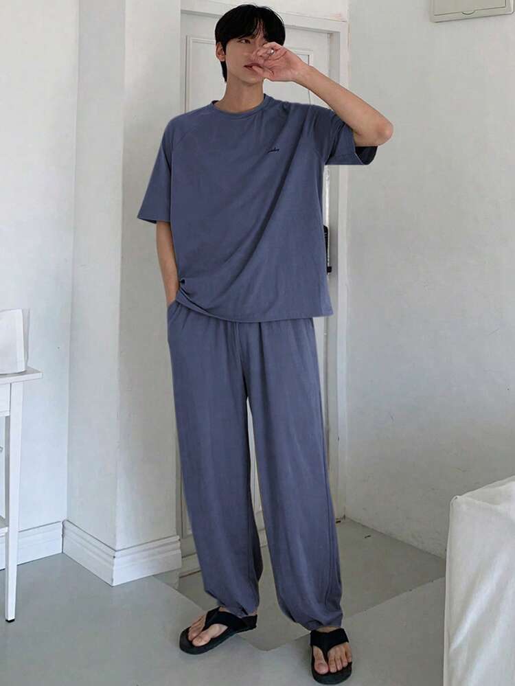 1 Set Men's Summer Solid Gray T-Shirt And Pants Matching Pajama Set, Fall Winter Clothes