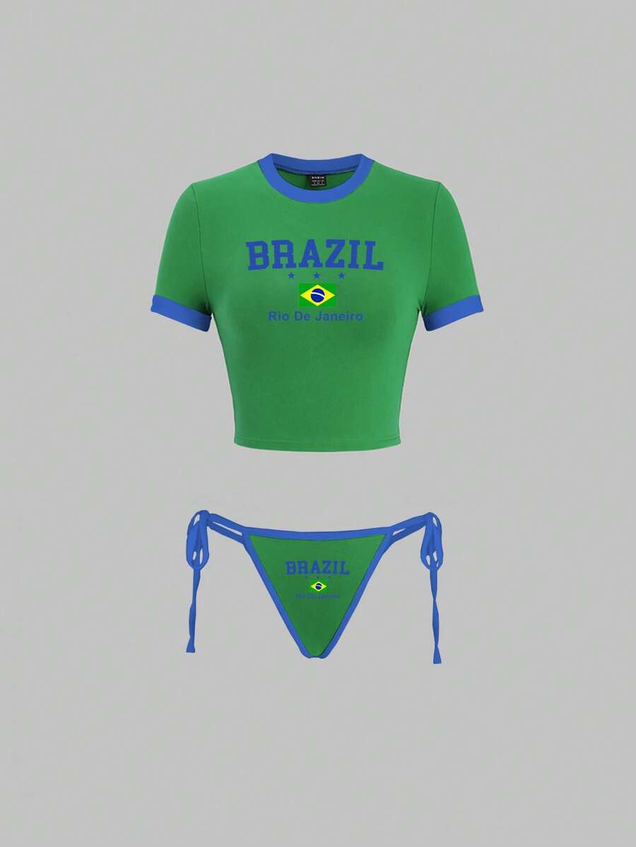 EgrlEra National Flag & Letter Print Color Block 2pcs Set