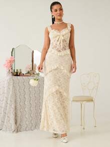 Enchnt 女士优雅纯色蕾丝荷叶边系带连衣裙 - 杏色 - 查看 6