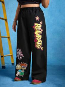 Nick 90s X SHEIN Pantalones holgados de talla grande con estampado gráfico de niños de cómics de dibujos animados negros en estilo Y2K, para primavera/verano, rave, conciertos, festivales, estilo callejero occidental vaquero, retro de los 90