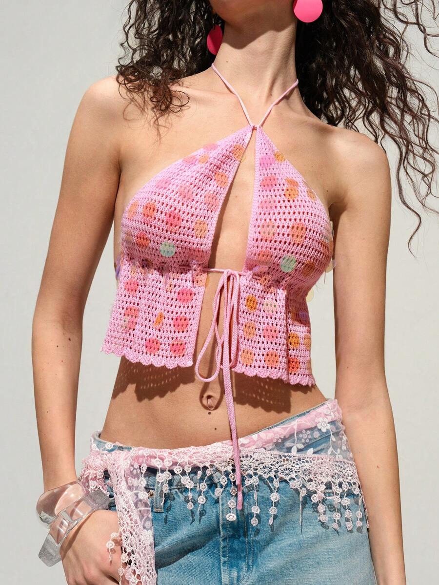 SHEIN LUNE 女士亮片性感露背无袖露脐吊带针织上衣，可爱上衣，露脐上衣，夏季度假女装，沙滩女装 - 粉色 - 查看 1