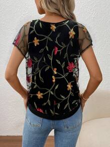 SHEIN LUNE 二合一女士宽松休闲优雅通勤约会浪漫网眼刺绣 T 恤 - 黑色 - 查看 2