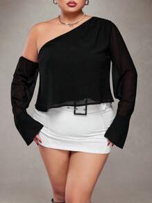 SHEIN ICON Plus Size Asymmetric Shoulder Chiffon Blouse, Sexy Office - Black - View 7