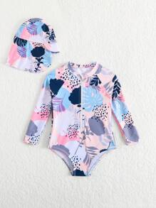 SHEIN Baby Girl Swimsuit With Random Print & Hat - Multicolor - View 6