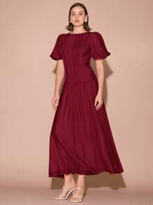 Enchnt Women's Solid Color Round Neck Short Petal Sleeve Pleated Design Elegant Dress - Burgundy - View 6