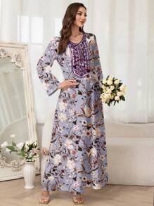 Al Najma 女士优雅花卉印花阿拉伯风格连衣裙，端庄 - 淺灰紫 - 查看 5