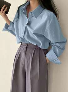 DAZY Solid Button Through Shirt,Long Sleeve Tops,Fall Clothes