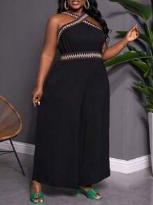 SHEIN CURVE+ Plus Size Women's Vacation Criss-Cross Wavy Striped Halter Neck Loose Wide Leg Jumpsuit Boho Vacation - Black - View 4