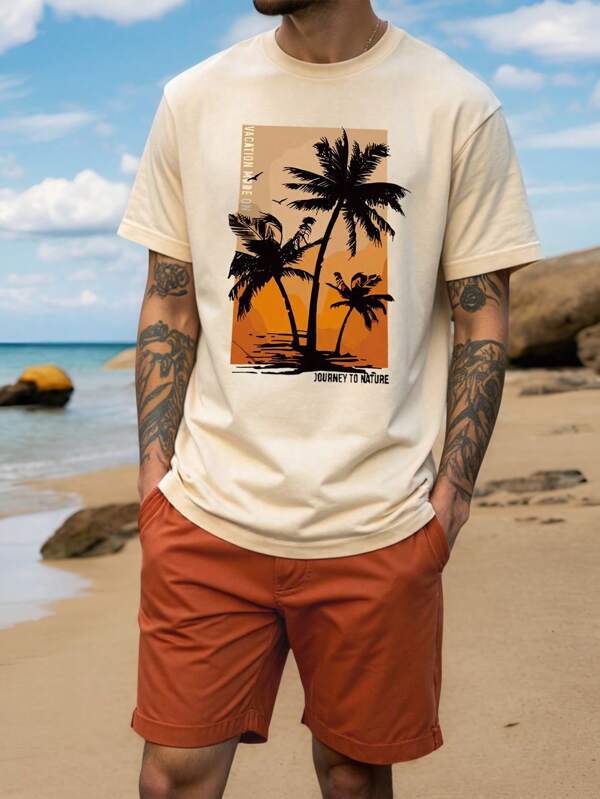 SHEIN Set de 2 piezas de camiseta de manga corta holgada con estampado de árbol de coco y shorts estampados, conjunto informal para adolescentes varones