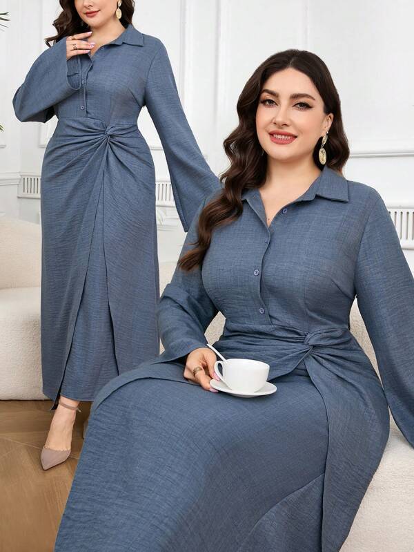 Veilorie Plus Size Women's Solid Color Twist Wrap-Around Open Slit Arabian Dress