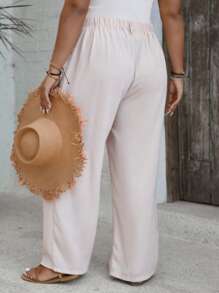 SHEIN VCAY Plus Size Women's Solid Color Pleated Pockets Wide Leg Casual Pants - Apricot - View 2