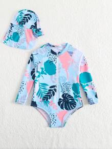SHEIN Baby Girls' One-Piece Swimsuit With Random Print Pattern (Including Hat) - Multicolor - View 4