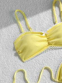 SHEIN Swim Bộ 3 đồ bơi bướm màu trơn mới cho nữ, bộ đồ bơi lãng mạn cho khu nghỉ dưỡng spa ngọt ngào - Màu vàng - Xem 4