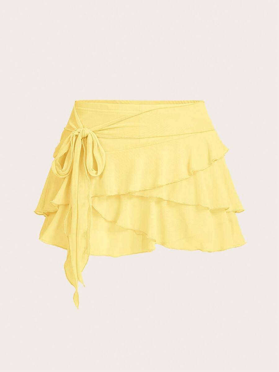 SHEIN ICON Women's Multi-Layer Ruffle Trim Low Rise Y2K Mini Yellow Skirt - Mustard Yellow - View 1