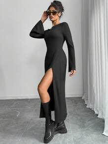 Women Long Sleeve Solid Color Dress, Minimalist Style Suitable For Summer Fall Cloth For Women - Black - View 1