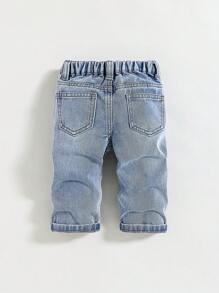 SHEIN Baby Boy Spring Summer Casual Distressed Ripped Frayed Loose Fit Blue Jeans, Without Shirt , Baby Spring Summer Clothes Daily Wear Spring Break - Light Wash - View 2