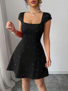 Elenzga Elegant Solid Color Mini Dress, European Style, Ruffle Shoulder Sleeve, Pearls Decor, Slim Fit Waist, A-Line Hem