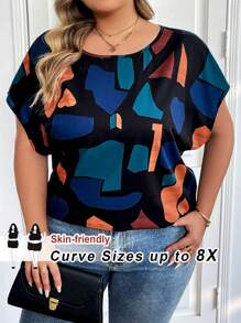 SHEIN CURVE+ Camisa casual de manga murciélago con estampado geométrico para mujer de talla grande