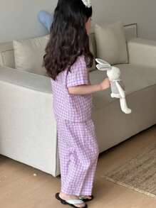 Dazy Kids Young Girl Fall Clothes Girl (Small) Plaid Short Sleeve Pants Pajama Set, Spring/Summer - Purple - View 7