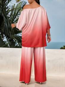 SHEIN Clasi Plus Size Ombre Raglan Top + Wide Leg Pants Set,Beach Outfits