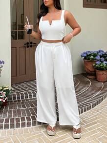 SHEIN EZwear Plus Size Women's Beach Vacation, Brunch Outfits For Women, Work, Elegant, 2 Pieces Business Casual Set: White Cropped Camisole & Pants, Spring Summer Clothes - White - View 5