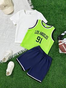3pcs Kid Boys Casual Versatile Solid Color Loose Round Neck Short Sleeve T-Shirt,Letter Print Sleeveless Knit Vest,Shorts 3-Piece Set,Summer School - Multicolor - View 7