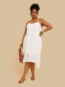 SHEIN VCAY Vintage Plus Size Holiday Casual Spring/Summer Boho Beach Sleeveless White Hollow Plant Floral Midi Dress For Women