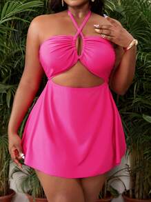 SHEIN Swim Curve Plus Size Women 2 Pieces Solid Color Swimwear, Removable Padded Halter Neck Hollow Out High Waisted Swimdress & Briefs, Elegant Casual Vacation Beach Slimming For Summer - Hot Pink - View 4