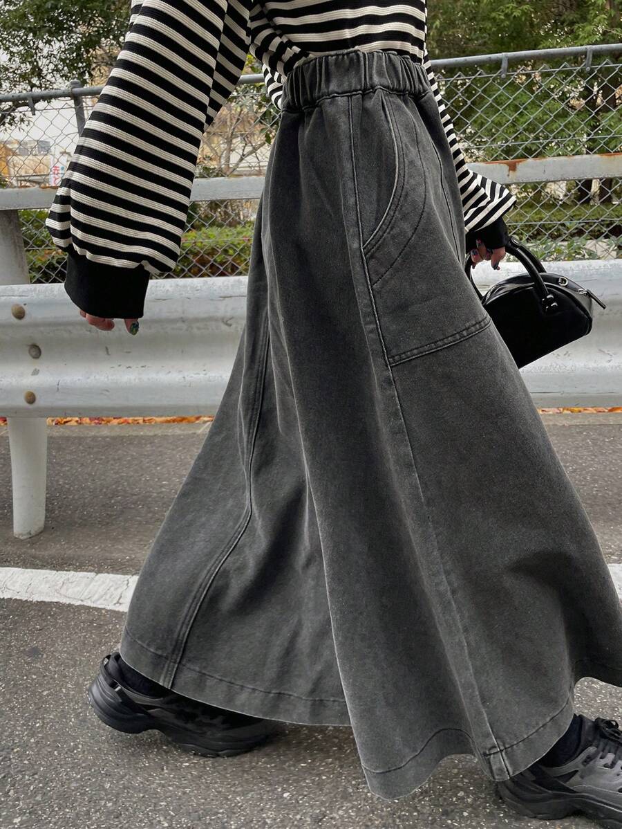 FRIFUL 女士灰色牛仔高腰鱼尾裙，春夏牛仔裙 - 黑色 - 查看 1