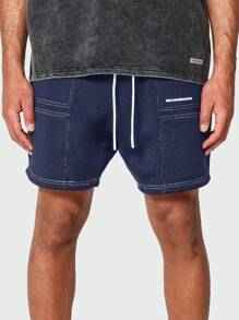 SUMWON Athletic Drop Crotch Shorts With Contrast Stitching, Drawstring Waist, Summer Beach Sport Lounge Casual Basketball Running Training Workout Shorts - Navy Blue - View 2