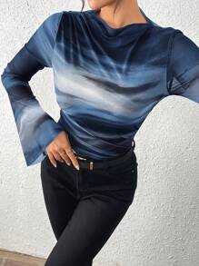 Chiquease Camiseta básica de manga larga con decoración plisada, estampado de teñido anudado y malla, estilo vintage americano para mujer en otoño/invierno y primavera