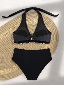 Swim Lushoire Women's Summer Beach Geometric Print Bikini Set With Crossed Straps & Halter Neckline