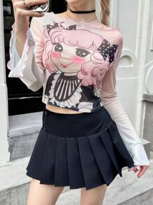 SHEIN Tricou decupat cu imprimeu cu personaje de desene animate pentru fete adolescente, ocazional, slim fit