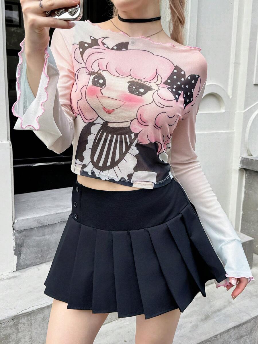 SHEIN Tricou decupat cu imprimeu cu personaje de desene animate pentru fete adolescente, ocazional, slim fit