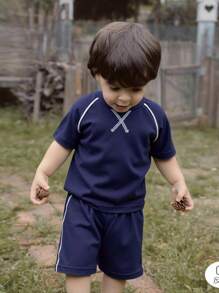 Baby Boy Toddler Sports Simple Color-Blocking Solid Color Raglan Sleeve T-Shirt And Shorts Set, Suitable For Summer - Royal Blue - View 3