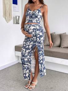 SHEIN 2pcs Maternity Summer Outfit Set - Simple Stylish Top And Skirt - Blue and White - View 7