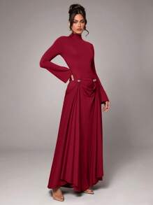 SHEIN BAE Spring Summer Solid Color Long Sleeve Minimalist Sexy Elegant Metal Decoration Dress, Suitable For Cocktail Parties, Romantic Dates, Autumn/Winter Base Layer Dress, Gatherings, Parties, Bridesmaid Dresses, Night Outings, Halloween Dresses, Christmas Dresses - Burgundy - View 3