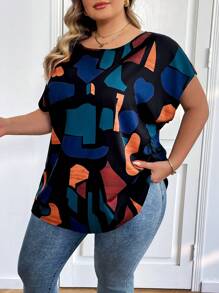 SHEIN CURVE+ Camisa casual de manga murciélago con estampado geométrico para mujer de talla grande