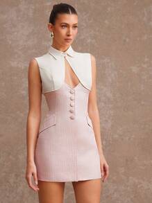 L'Amorae Colorblock Tweed Cut Out Button Elegant Business Casual Mini Dress, Summer Work Office Outfits For Women