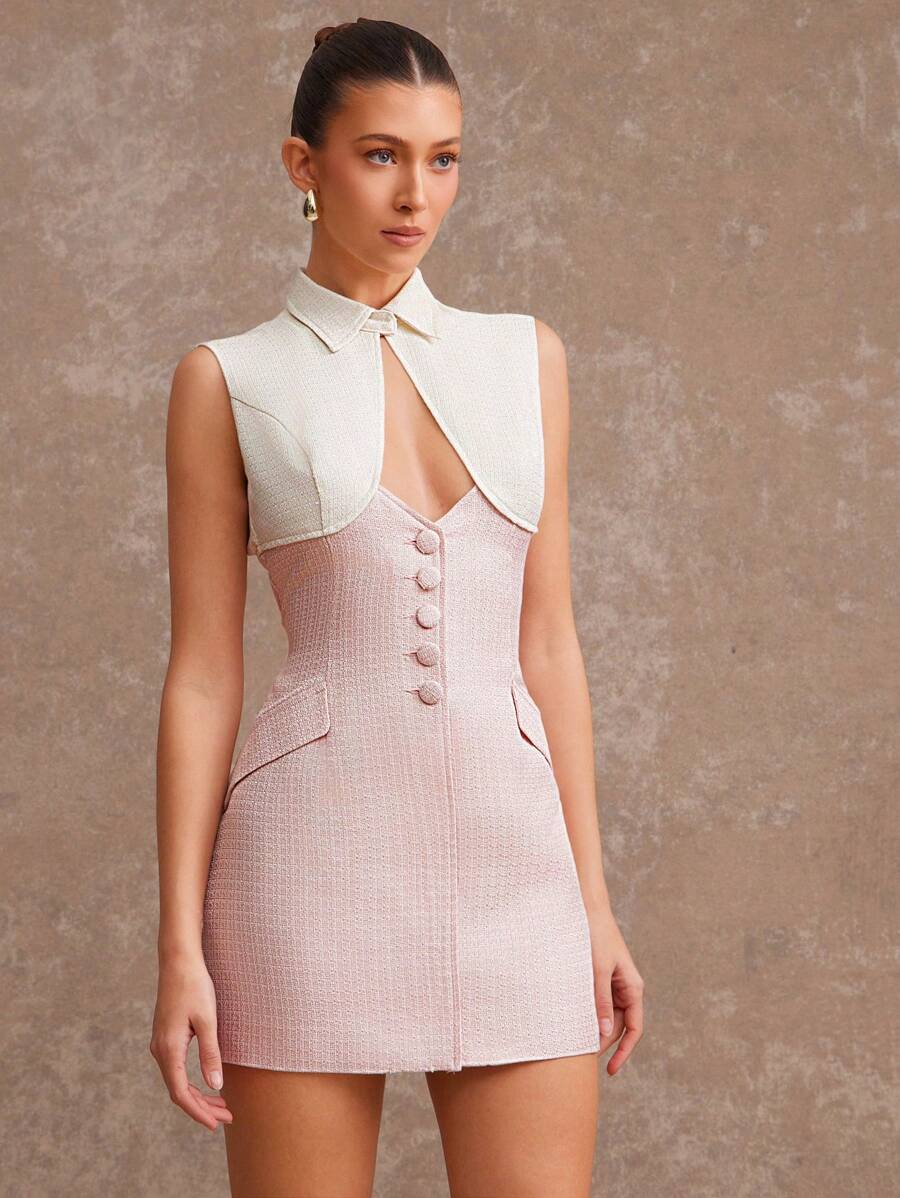 L'Amorae Colorblock Tweed Cut Out Button Elegant Business Casual Mini Dress, Summer Work Office Outfits For Women