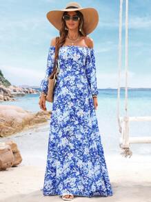 SHEIN VCAY Plus Size Floral Print Off Shoulder Casual Vacation Long Sleeve Dress - Blue and White - View 7